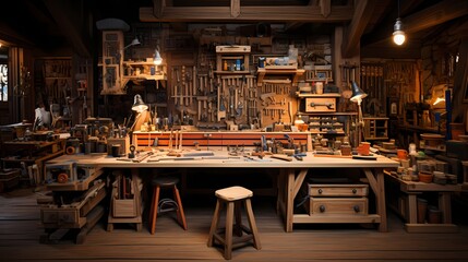 A clean workbench in a carpenter's shop, tools neatly arranged, waiting for the next creation - obrazy, fototapety, plakaty