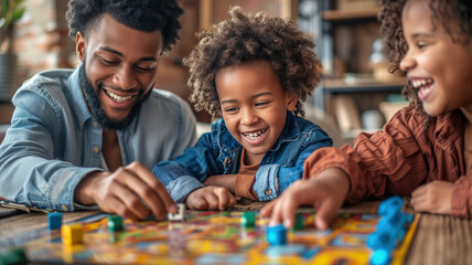 Cheerful Afro-American family playing board game together at home