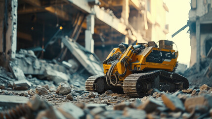 Unmanned remote-controlled search and rescue survivors robot amidst a wreckage of resident building devastated by an earthquake disaster or war. Technology for search and rescue people idea concept.	