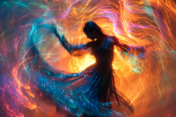 Silhouette of woman dancing in colorful cosmic storm