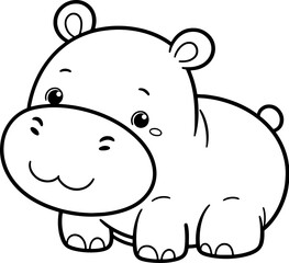 Hippo cartoon character line doodle black and white coloring page