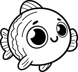 Fish cartoon character line doodle black and white coloring page