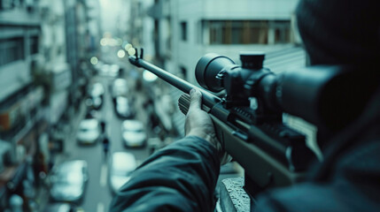 A sniper rifles with an optical sight in man`s hands