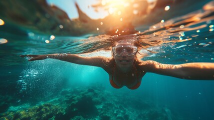 Attractive young womanl swims underwater in the sea.Woman swimming underwater in sea. - obrazy, fototapety, plakaty