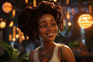 Radiant joy in a cartoon portrait &ndash; an African American woman smiles in the vibrant, unreal engine style with honeycore influences, a blink-and-you-miss-it detail, and a touch of golden light.