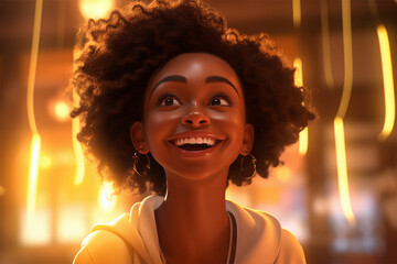 Radiant joy in a cartoon portrait &ndash; an African American woman smiles in the vibrant, unreal engine style with honeycore influences, a blink-and-you-miss-it detail, and a touch of golden light.