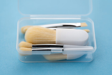 Cosmetic makeup brush. Blush, eyeshadow contour, foundation, concealer bronzer, angled brushes. Set...