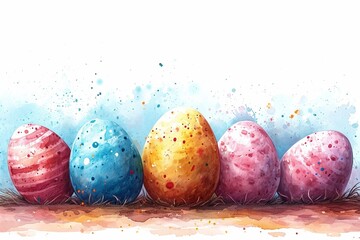 A festive Easter composition featuring decorated eggs in vibrant pastel colors on a rustic background. - obrazy, fototapety, plakaty