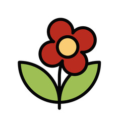 Red Flowers with Green Leaves. Outline Filled Color