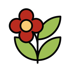 Red Flowers with Green Leaves. Outline Filled Color