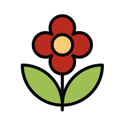 Red Flowers with Green Leaves. Outline Filled Color