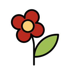 Red Flowers with Green Leaves. Outline Filled Color