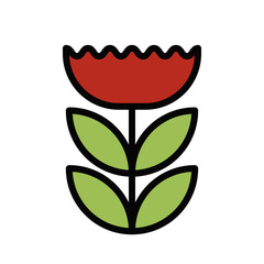 Red Flowers with Green Leaves. Outline Filled Color