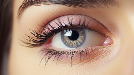 Eyelash Extension Procedure. Close-up of an eye with long and thick eyelashes, eyes visage. Woman eye with long false eyelashes. Cosmetics and make-up
