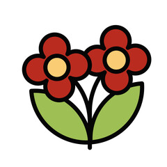 Red Flowers with Green Leaves. Outline Filled Color