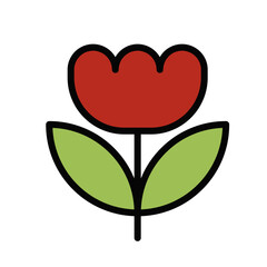 Red Flowers with Green Leaves. Outline Filled Color