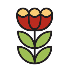 Red Flowers with Green Leaves. Outline Filled Color