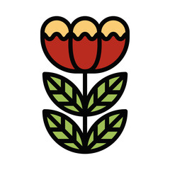 Red Flowers with Green Leaves. Outline Filled Color