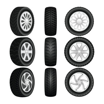 Set of Car tires set collection, Black rubber wheel tire set, Car tire tread tracks, motorcycle racing wheels and dirty tires track. Tyres road maintenance automobile with different angle or view.