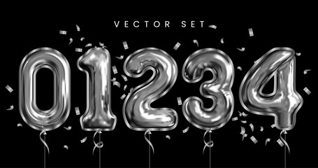 Set of silver isolated numbers. silver metallic letter. Bright metallic 3D, realistic vector illustration