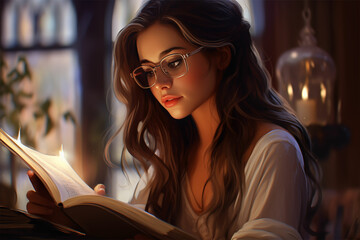 Immerse in the magic of a girl reading in a library—blend of Unreal Engine 5, Disney animation, and hyper-realistic portraits, evoking Baroque charm with soft, romantic close-ups.