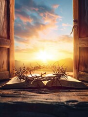 Christian Cross and open book with crown of thorns with Doors background sunset view. Palm Sunday concept, copy space - generative ai