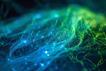 Green and blue fibers with sparkling bokeh effect - obrazy, fototapety, plakaty