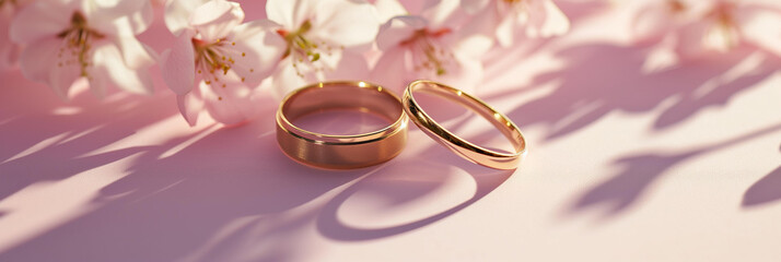 
two golden rings with beautiful spring bloom flowers isolated on pastel pink background.  Valentine’s Day, engagement, marriage , wedding day concept .