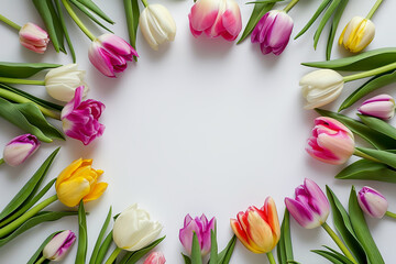 Women's Day Website Background or March 8 Postcard Featuring an Array of Colorful Tulips on a Crisp White Background - A Cheerful Design. Space for Text