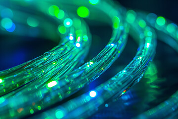 Curved fiber optic cables with blue and green lights