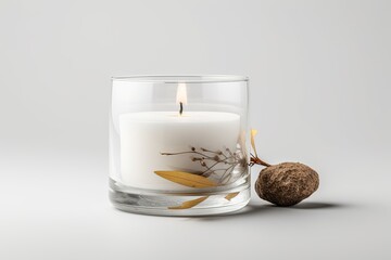Mockup of a white pillar candle in a glass jar, side view. Isolated mock up of a posh candlestick with a blazing flame. Template for clear ornamental candles used in aromatherapy