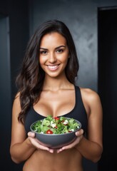 Beauty tanned young fit sport woman, smiling, wear sport bra, big breast, holding a bowl of vegan salad, studio photo 
