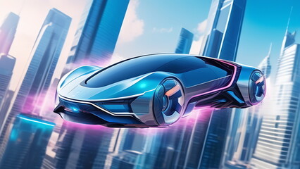 Obraz premium The car flies in the sky with a purple glow