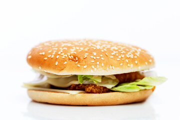 Juicy delicious hamburger. Delicious garbage popular food. Isolated on a white background. Close-up.