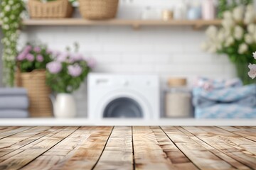 Blurry wooden table in home laundry room showcasing products - obrazy, fototapety, plakaty