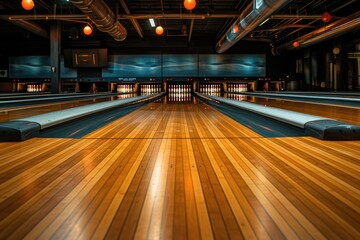 Bowling on wooden lanes with ball heading for pins at a generic bowling alley - obrazy, fototapety, plakaty