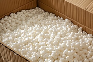Fototapeta na wymiar Box filled with foam peanuts packaging material