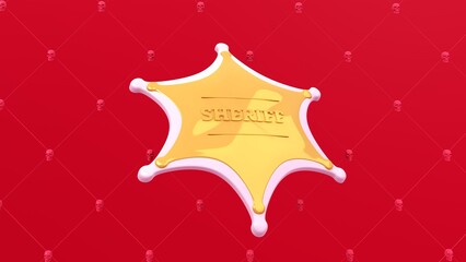 3d rendering picture of glossy sheriff on red background with skulls pattern. Abstract wallpaper. Dynamic wallpaper. Modern cover design. 3D illustration.
