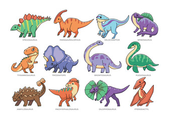 Cute dinosaurus set. Collection of Jurassic animals BC, colorful dinosaurus cartoon outline coloring page. Stegosaurus Parasaurolopus,  Velociraptor, Spinosaurus, Tyrannosaurus Rex, TRex, Triceratops