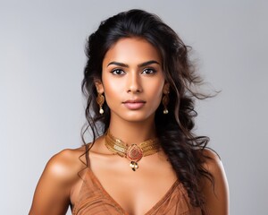 Portrait of beautiful indian girl. Young hindu woman model with kundan jewelry set. Traditional India costume red sari