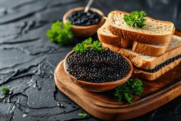 Caviar sandwiches and bowl on cutting board Black background Top view Copy space