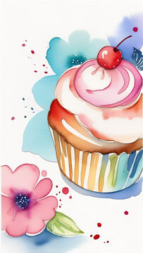birthday card with space for text, flowers and cupcakes drawn in watercolor, 2/3 free space for text 