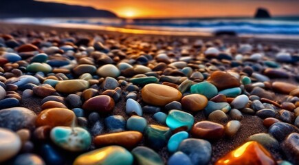 beautiful beach colored stones in the beach side with waves at the night, phosphorus stones, colored beach stones background - obrazy, fototapety, plakaty