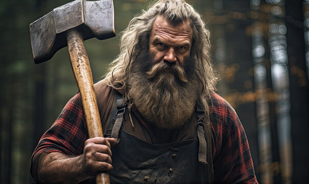 Portrait of viking style lumberjack with beard holding some axe in the amazing forest