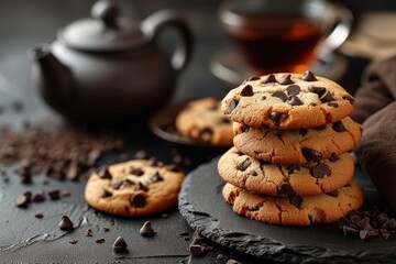 Obraz na płótnie Canvas Chocolate chip cookies on a dark backdrop with tea and teapot