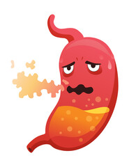 Stomach troubles icon. Sad suffering sick human stomach. flat cartoon illustration design. Unhealthy stomach face character. Digestive tract with stomach ache