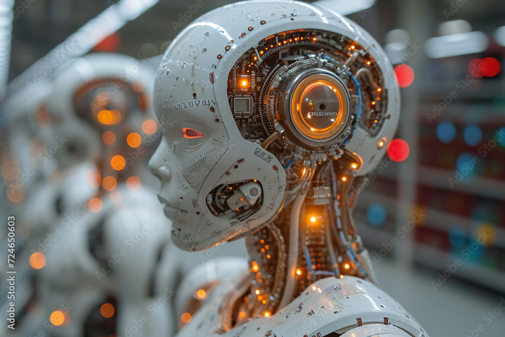 Poster close-up of a humanoid robot head with intricate designs and glowing elements