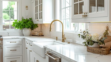 An elegant kitchen design featuring ivory cabinetry, a gilded tap, pristine marble surfaces, and a rustic ceramic tile backsplash. - obrazy, fototapety, plakaty