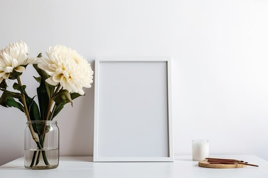 White background with a flower on a table and an empty frame. Draft for a design