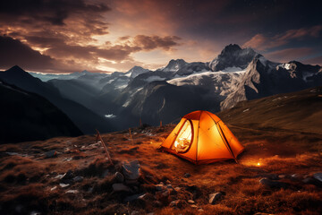 Touristic tent in the peaceful evening mountain landscape